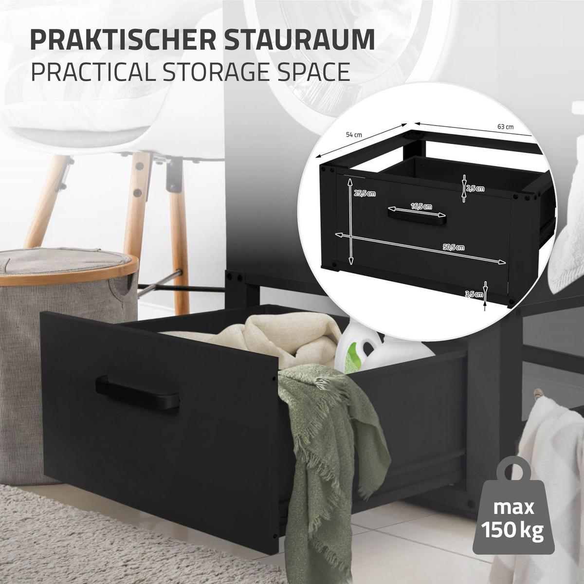 PODSTAVEC POD PRAČKU se zásuvkou 63x54cm černý z oceli - černá, kov (54/31.5/63cm) - ML-DESIGN