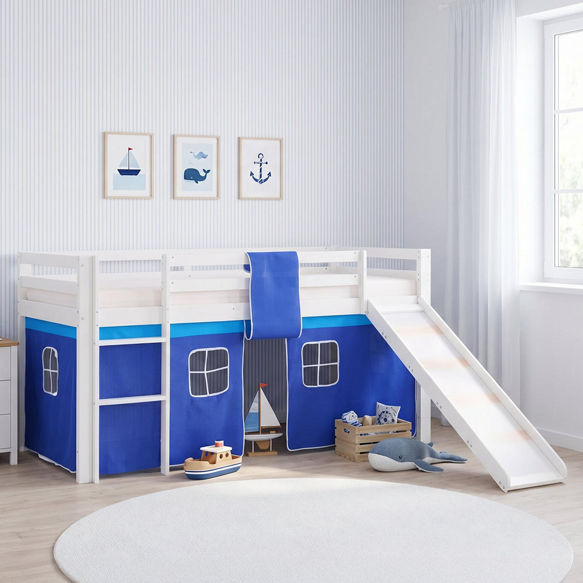HOCHBETT 90/200 cm Lattenrost BLAU mit Rutsche - Blau/Weiß, Holz - Homestyle4u