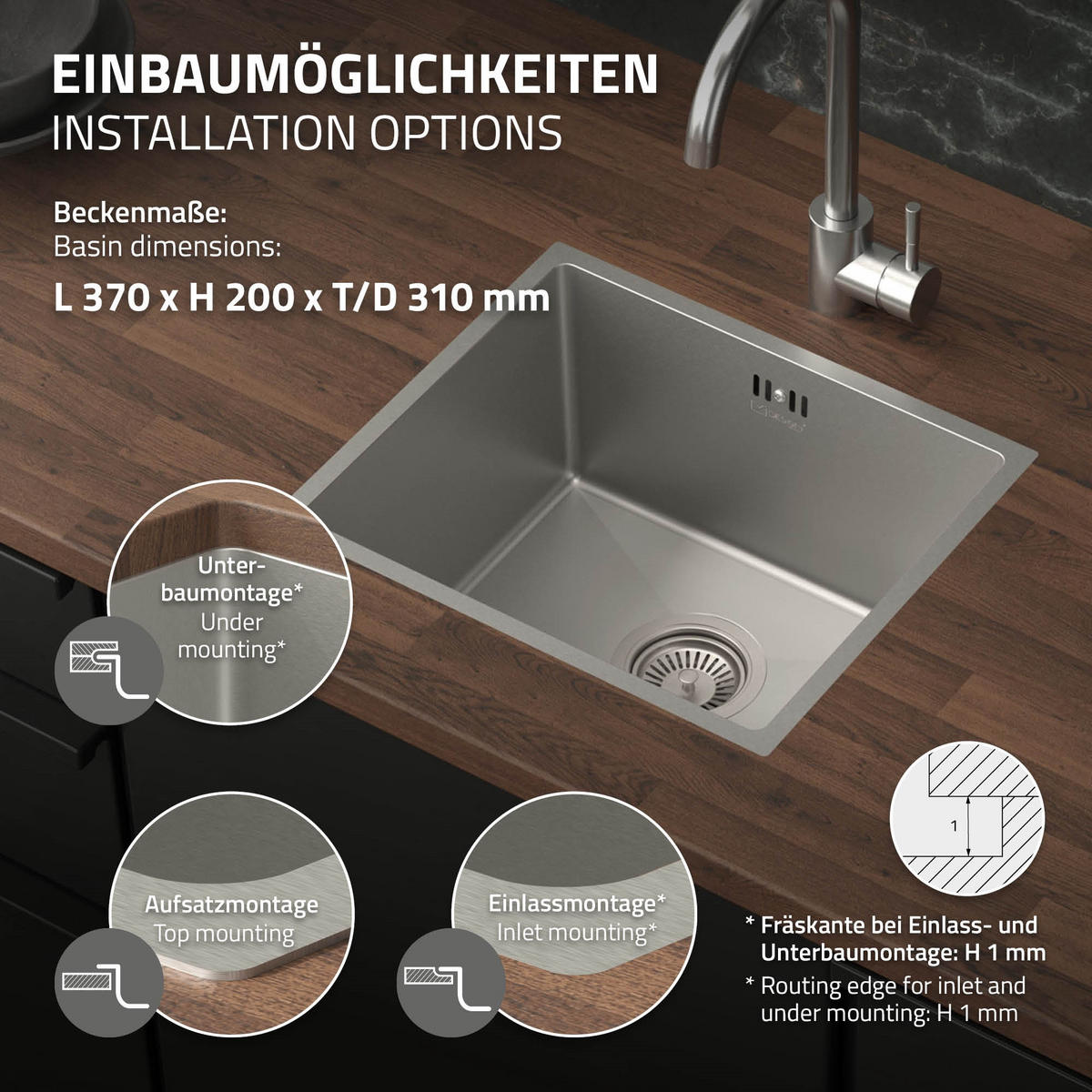 SPÜLBECKEN Edelstahl 34/40cm - Silberfarben, Metall (34/20/40cm) - ML-DESIGN