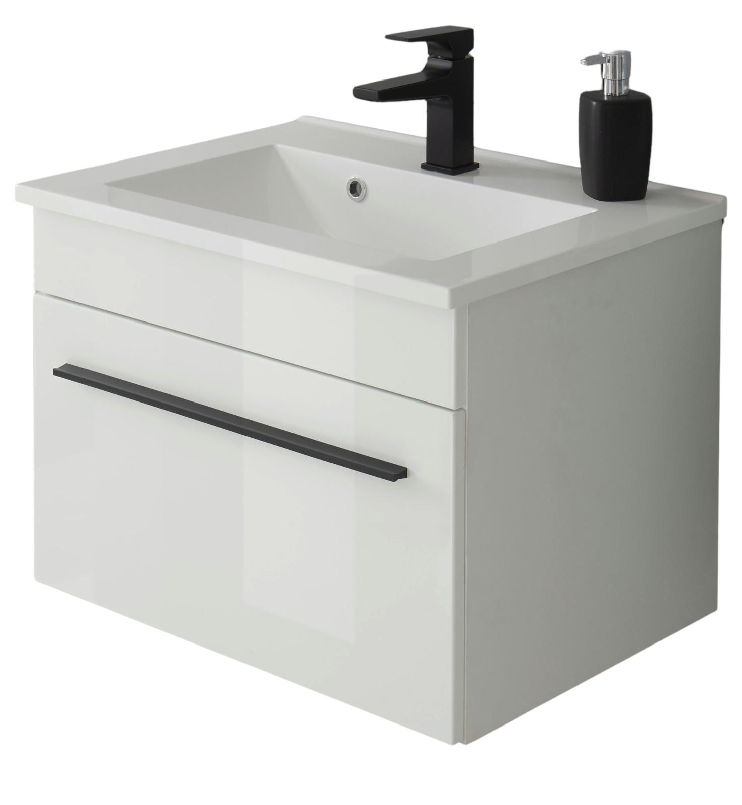 WASCHBECKENUNTERSCHRANK Waschbecken weiß Hochglanz, Waschtisch Set hängend, 60 x 44 cm - Weiß Hochglanz/Schwarz, Holzwerkstoff/Kunststoff (60/45/47cm) - Furn.Design
