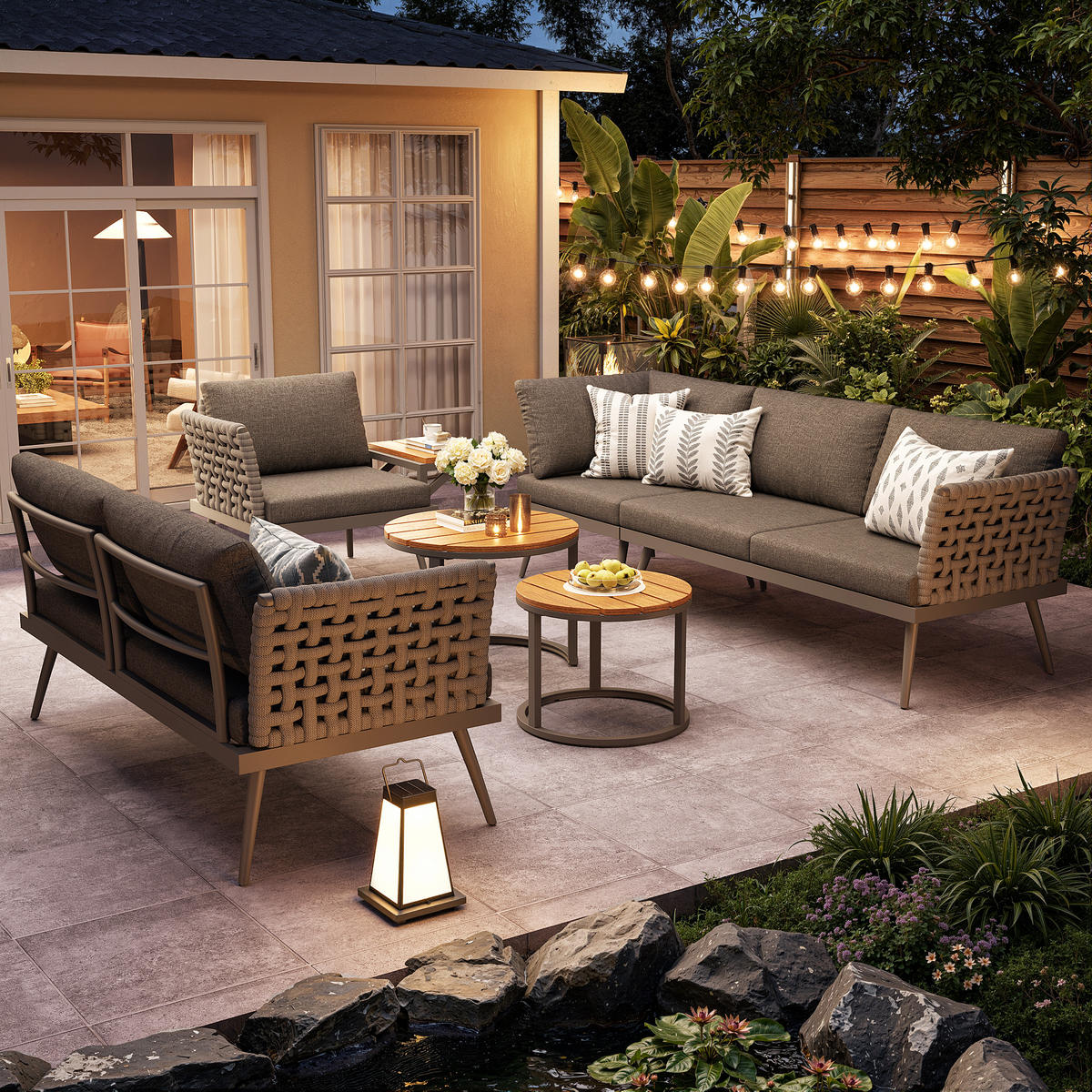 GARTENSET L-Form 6 Personen Grau Inkl. 2 Tische & Sessel Mit Polstern - Grau, Metall - FLIEKS