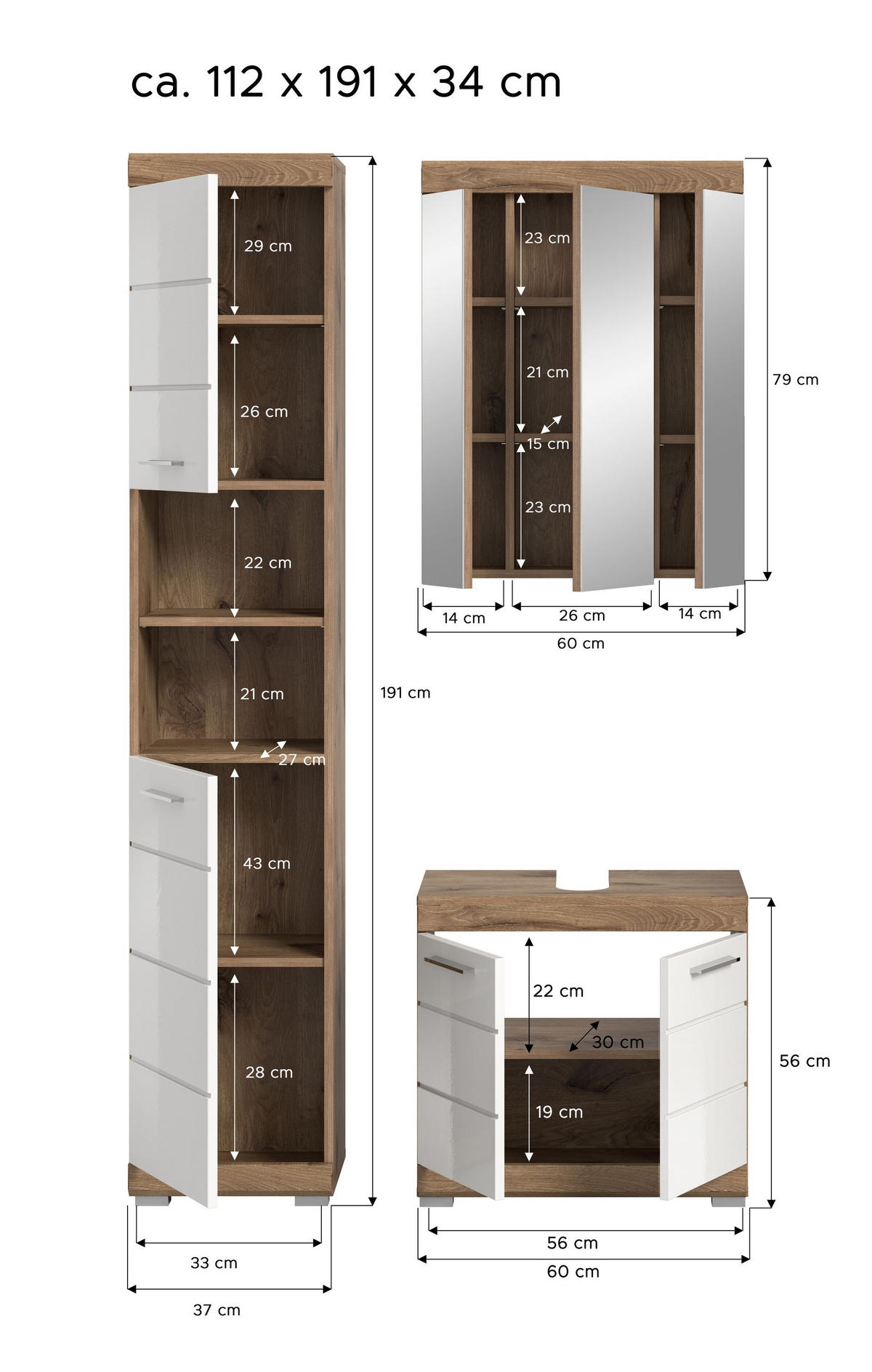 BADKOMBINATION 3tlg. Wave Bad in Nox Oak Nachbildung und weiß hochglanz B/H/T: 112x191x34 cm - Eichefarben, Holz (112/191/34cm)