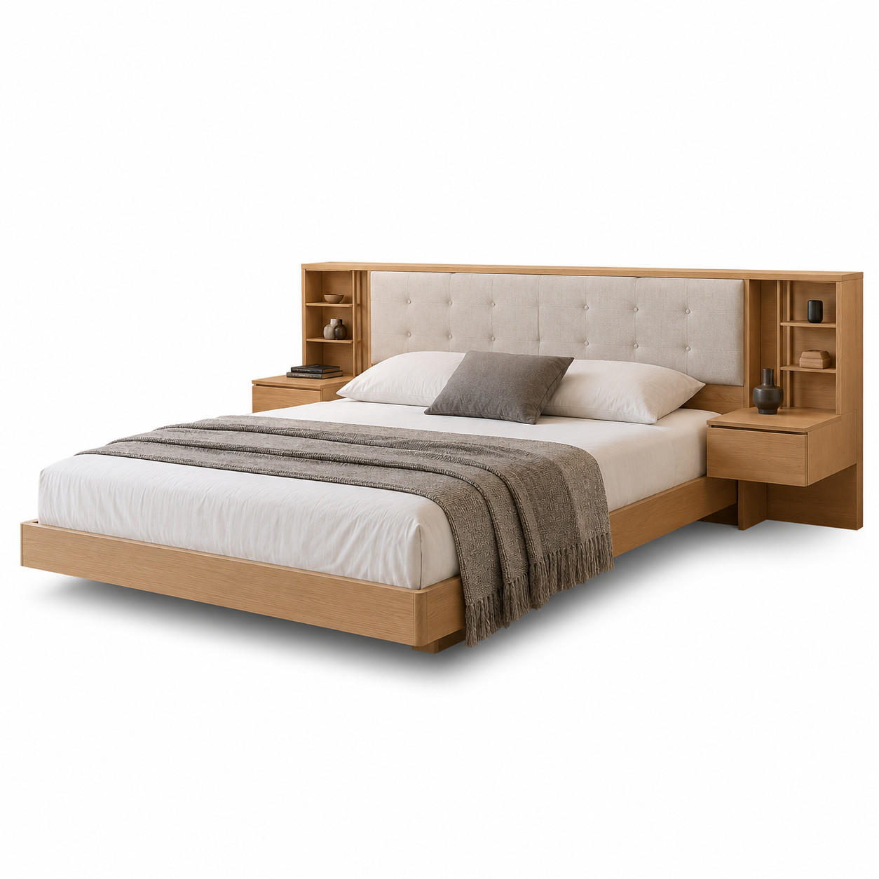 BETT 180/200 cm in Natur mit Stauraum, USB und Steckdose - Naturfarben, Holz/Holzwerkstoff (180/200cm) - WISHDOR
