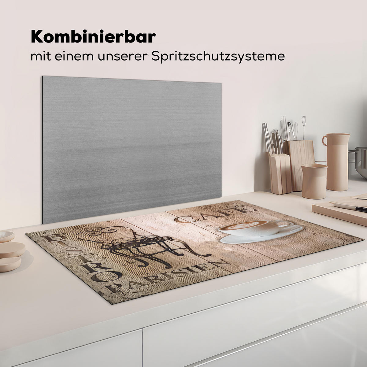 KRYT NA INDUKČNÍ DESKU Bistro Parisien - Kavárna - Káva - Vintage 91.2x52 cm - kapučínová, plast (91.2/52/0.2cm) - MuchoWow