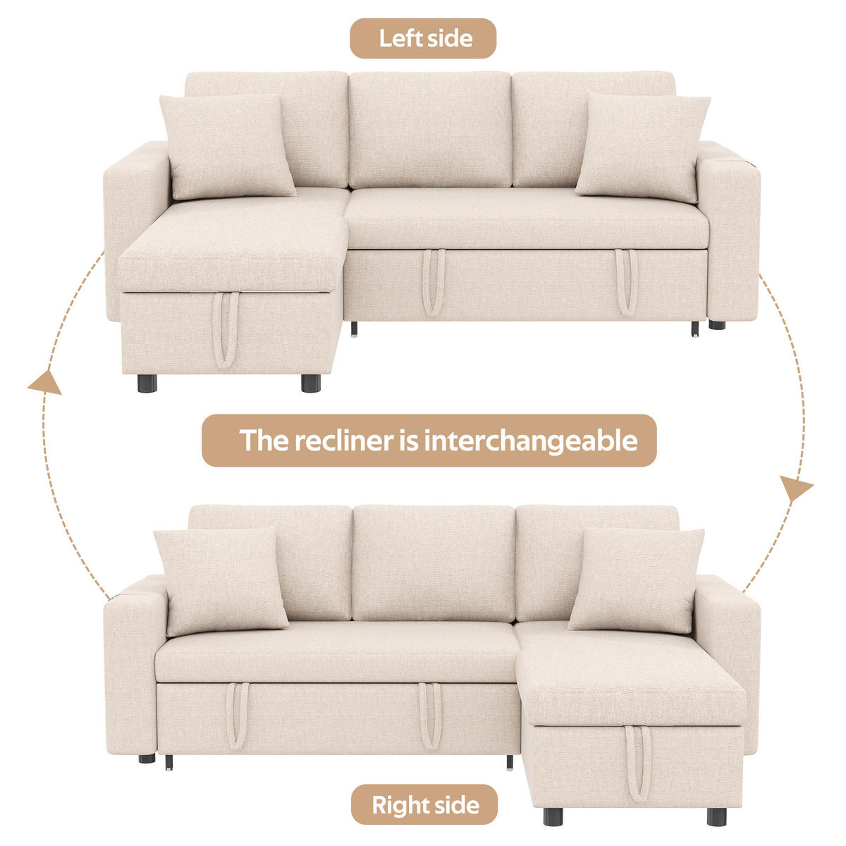 SCHLAFSOFA L-Form mit Stauraum und wechselbarer Chaiselongue, Beige - Beige, Textil (219.5/83/142.5cm)