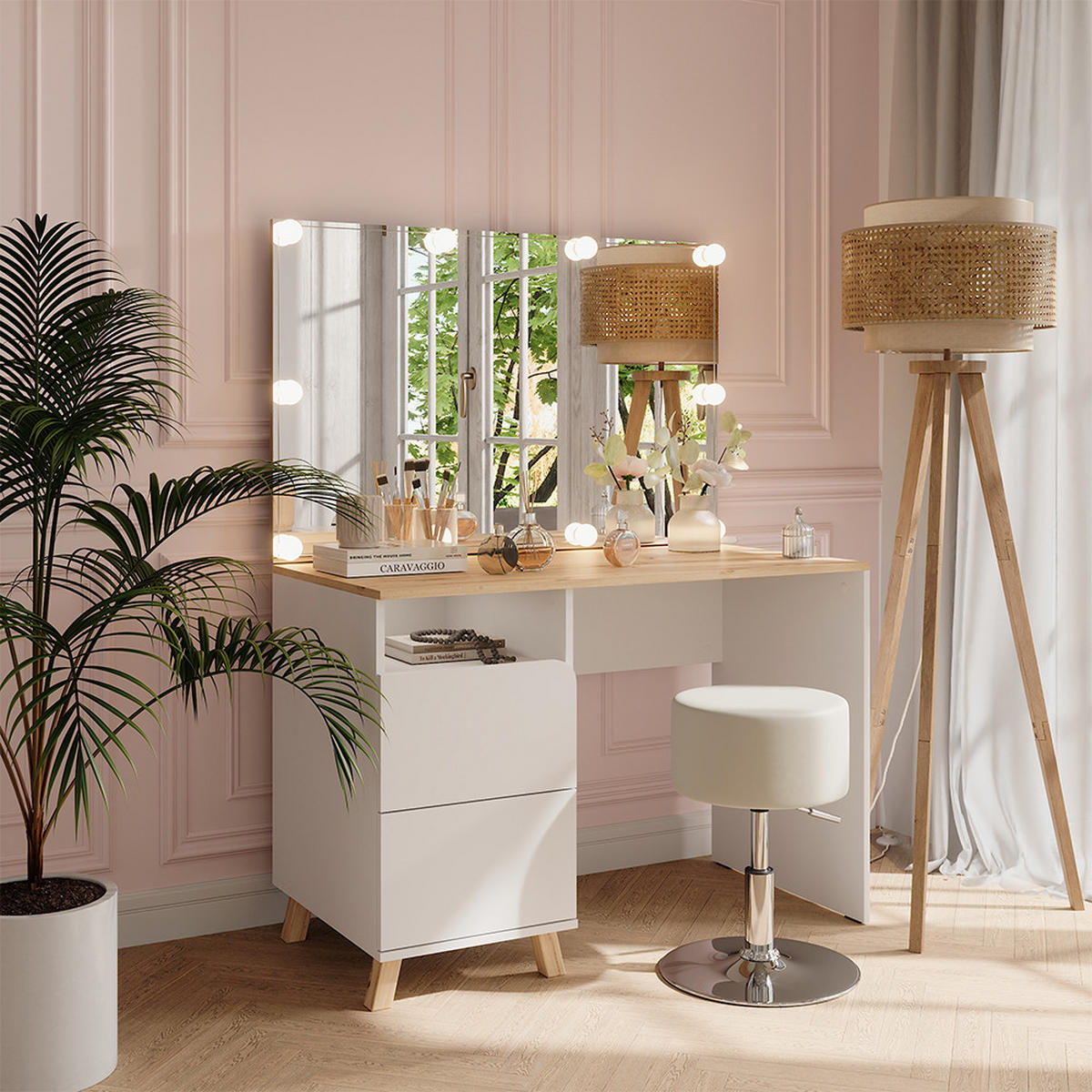 SCHMINKTISCH Karen Weiß/Artisan 110 cm mit Hocker und LED-Lichterkette - Weiß/Eiche Artisan, Holzwerkstoff (110/75/55cm) - Vicco