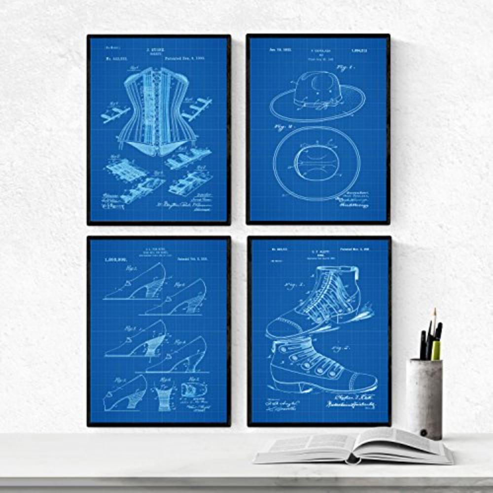 POSTER Set mit 4 BLAU Mode Patenten A4 Rahmenlos - Klar, Papier (29.7/3cm) - Nacnic
