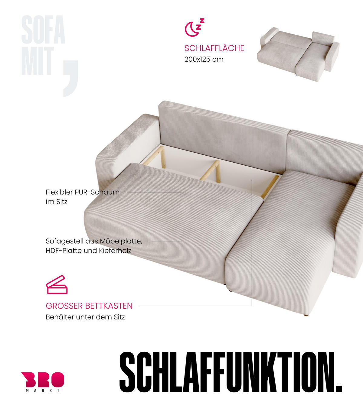 ECKSOFA PUMI mit Schlaffunktion Vanille Cord - Creme, Textil (244/148cm) - Bromarkt
