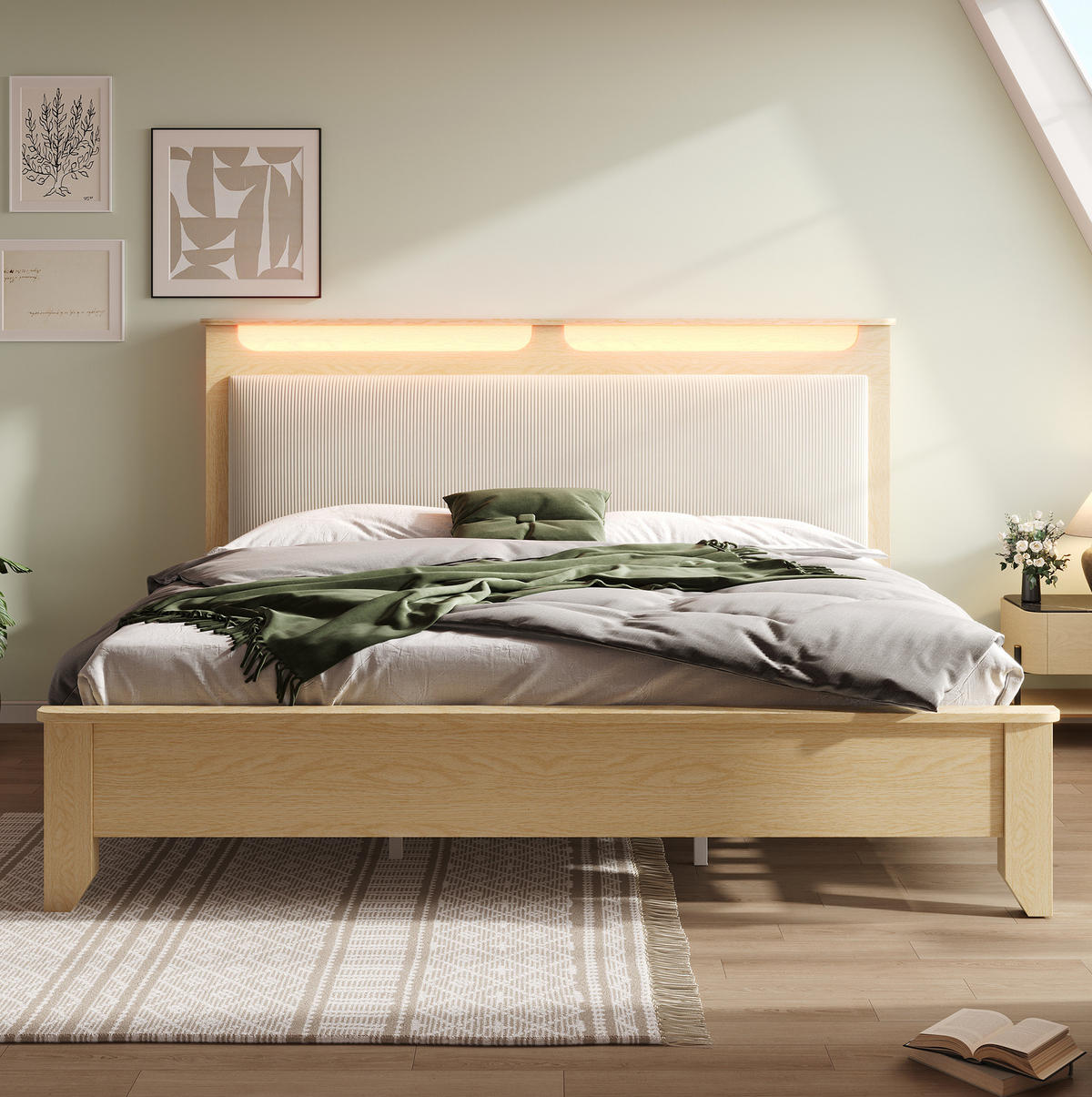 BETT 160/200 cm mit LED-Kopfteilablage & Stauraum, Cord-Polsterkopfteil, Beige/Eiche - Beige, Textil (160/200cm) - Redom