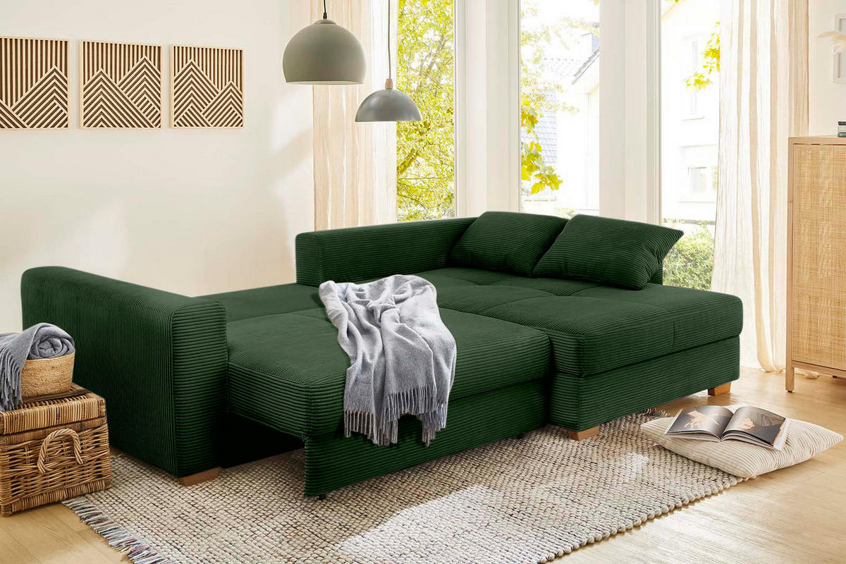 ECKSOFA-DAUERSCHLÄFER Federkern Bettkasten, seitenverkehrt montierbar B288/T186/H86 cm, Liegefl. 153x245 cm, Cord Grün / 15156 - Eichefarben/Grün, Holz/Textil (288/186cm) - luma-home