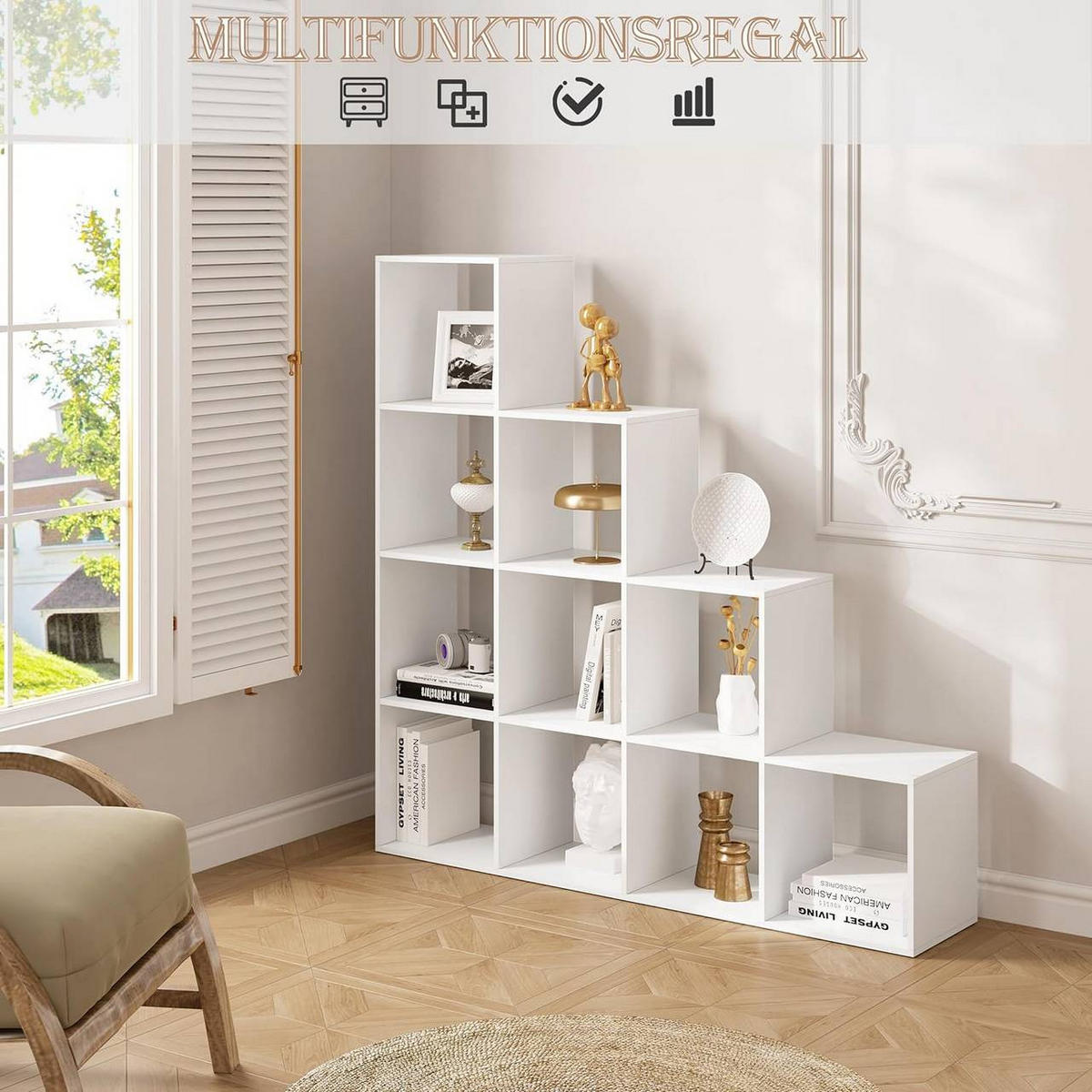 REGALE Bücherregal mit 10 Fächern, 136x29x136cm, Weiß - Weiß, Holzwerkstoff (136/136/29cm) - Woltu