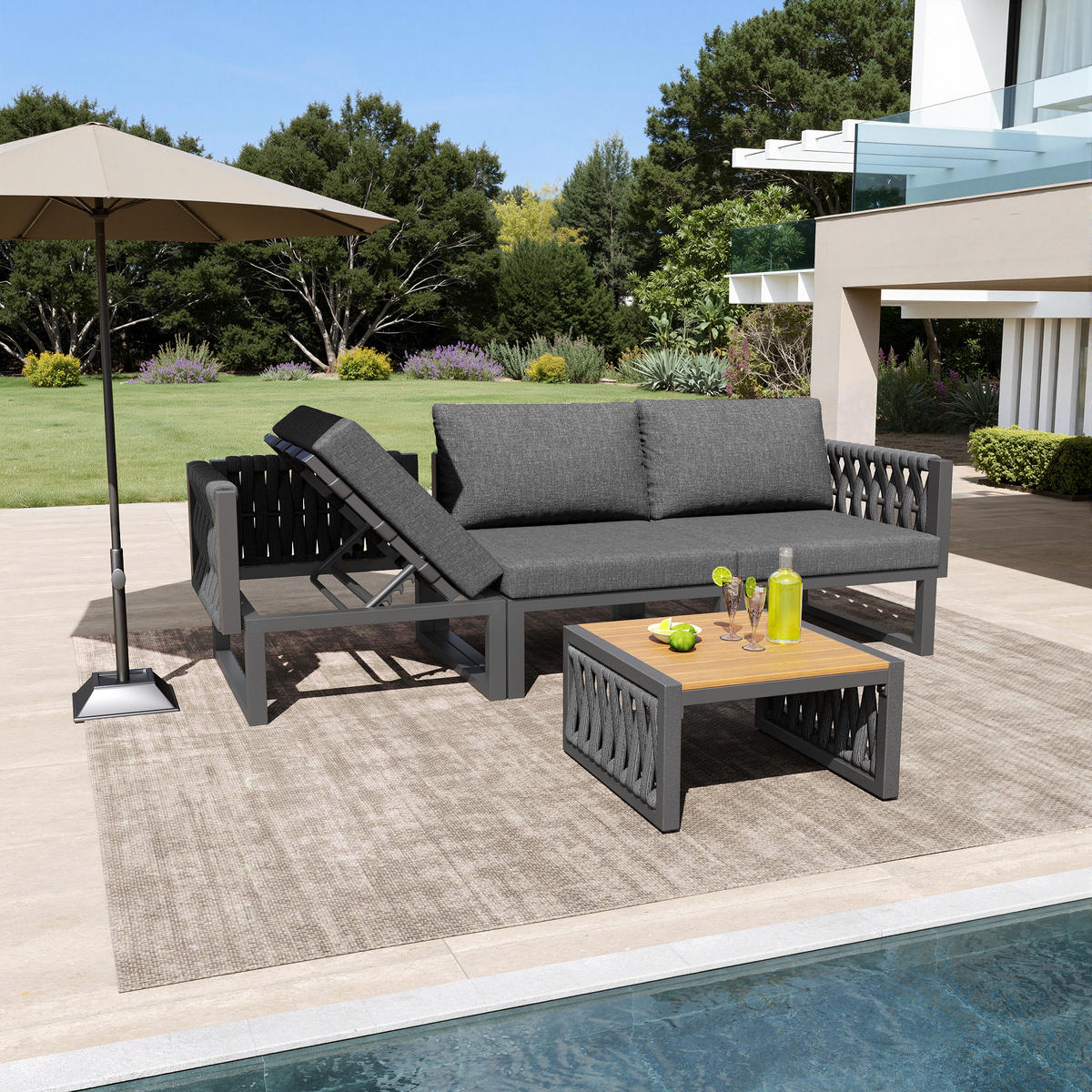 DOPPELLIEGE 6 Personen Grau Mit Verstellbarer Rückenlehne - Grau, Metall - FLIEKS