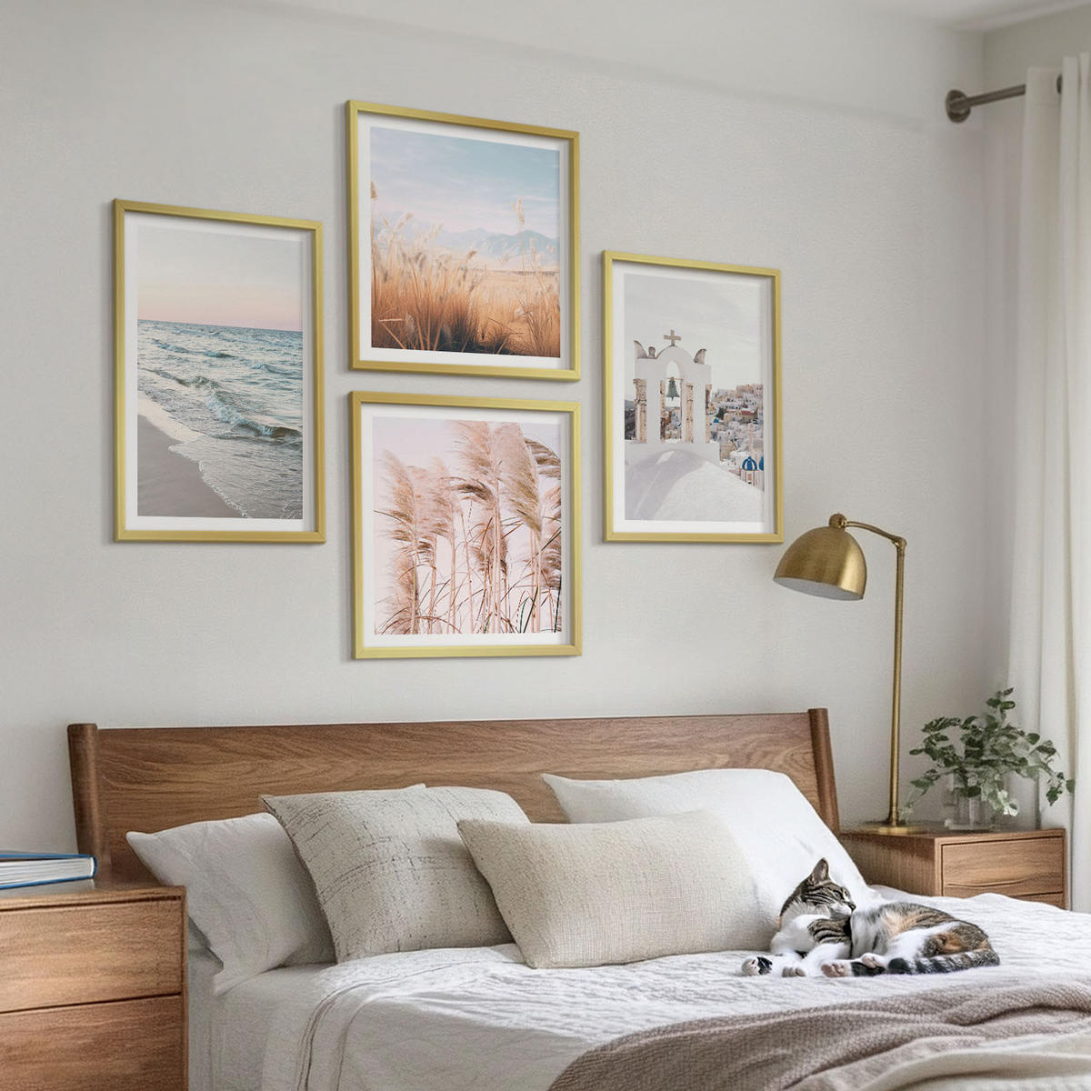 BILDER SET 4er Set - 50x50 cm & 40x60 cm Goldrahmen - Pflanzen, Meereswellen, Aussicht, Häuser - Goldfarben, Kunststoff (50/50cm) - TULUP
