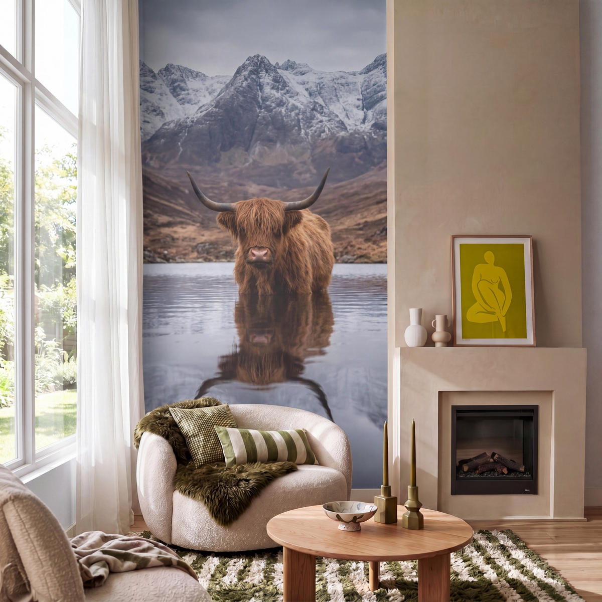 TAPETE - Schottischer Hochländer - Braun - Wasser - 140x260 cm - Braun, Papier (140/260cm) - OnlyWow