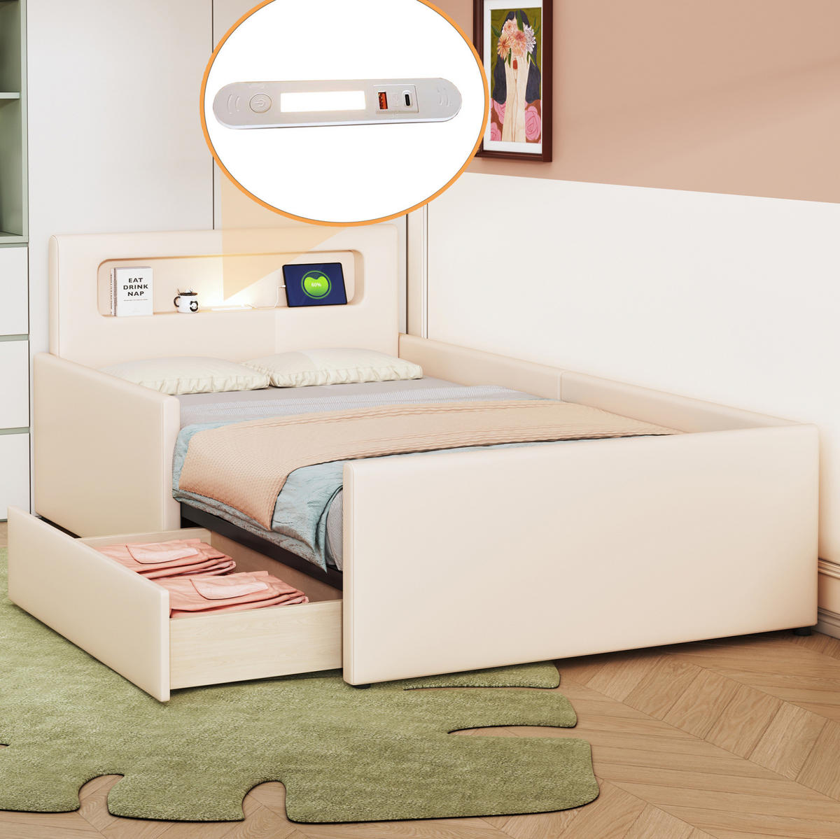 KINDERBETT 90/200 cm Beige aus Kunstleder mit Nachtlicht, USB-Anschluss und Schubladen - Beige, Textil (90/200cm) - OKMYHOME