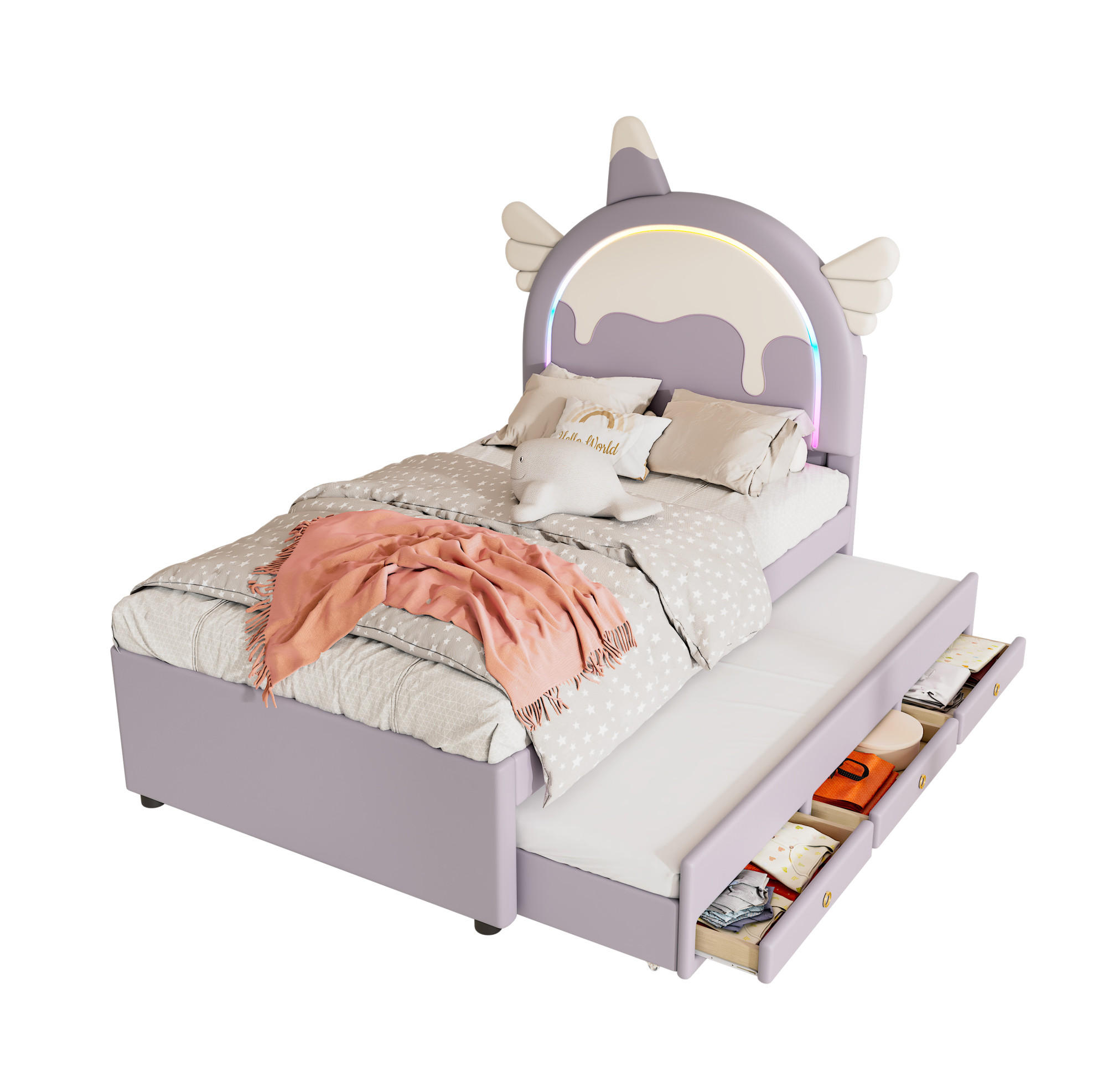 KINDERBETT 90/200 cm Einhornform Violett mit ausziehbarem Rollbett - Violett, Kunststoff (90/200cm) - OKWISH