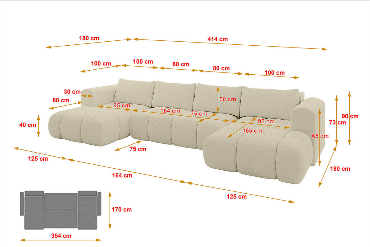 WOHNLANDSCHAFT Ottomane Links CLOUD-U 414x180x40 Beige Bouclé - Beige, Holzwerkstoff/Kunststoff (414/90/180cm) - ALTDECOR