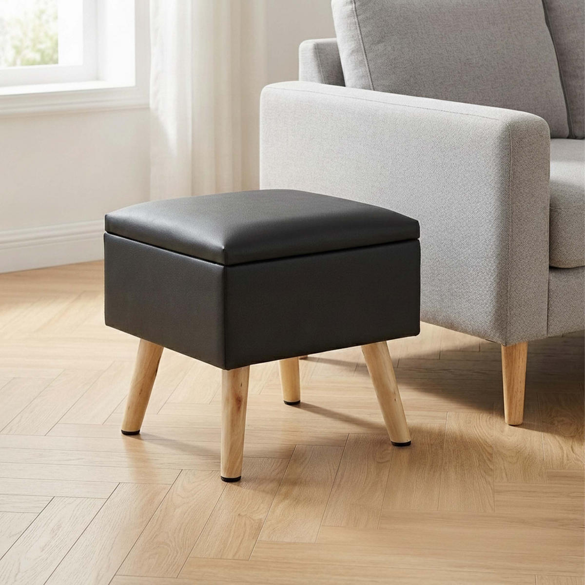 PUFF Svart med förvaring i konstläder - Multicolor, Trä/Träbaserade material (40/40/40cm) - Relaxdays