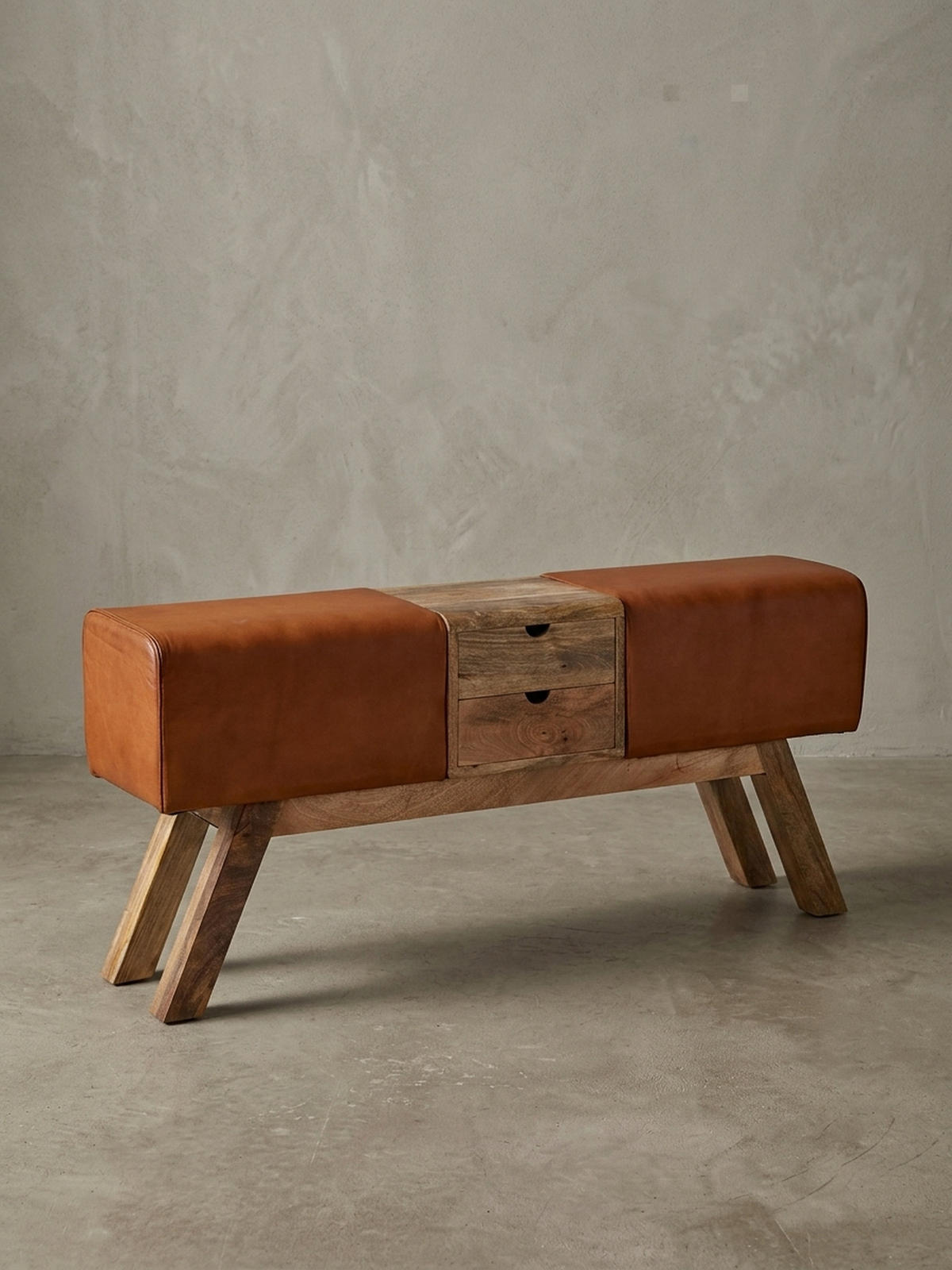 SITZBANK Massivholz Stoffbezug mit 2 Schubladen, Braun 120x30x56 cm - Braun, Mangoholz/Leder (120/56/30cm) - KADIMA DESIGN