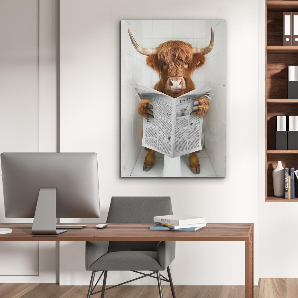 AKUSTIKPANEEL Schottisches Hochlandrind - Tier - Zeitung - Toilette 70x100 cm - Kastanienfarben, Textil (70/0.9/100cm) - MuchoWow