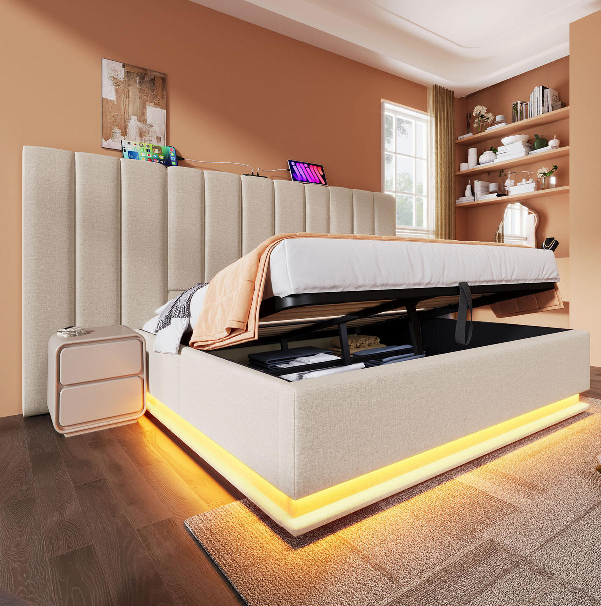 BETT mit Stauraum, LED und Ladefunktion 180x200 cm Leinen Beige - Beige, Metall (180/200cm) - Meubliv