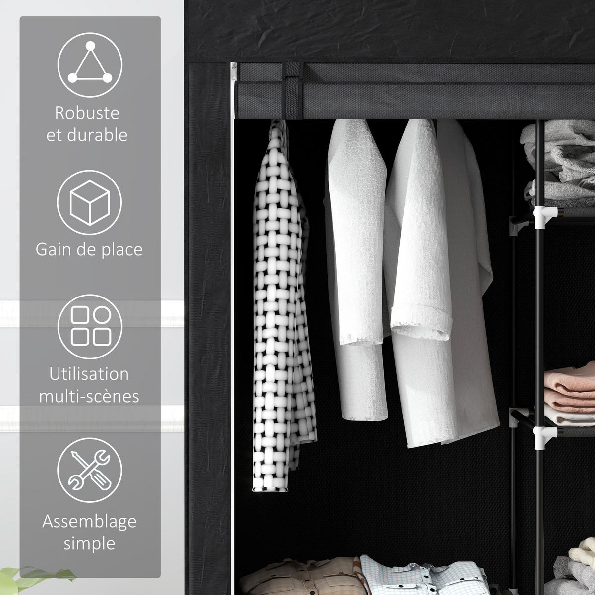 STOFFSCHRANK DE-17172 6 Böden & Kleiderstange Schwarz - Schwarz, Metall (43/162.5/103cm) - ComfortXL