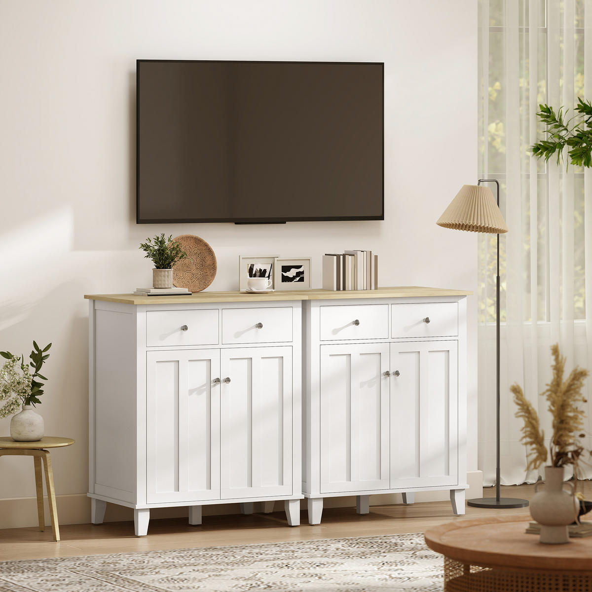 SIDEBOARD Weiß und Holzfarben, 2 Türen, 2 Schubladen, 76/48/91 cm - Weiß, Holz (76/91/48cm) - PANGIVO