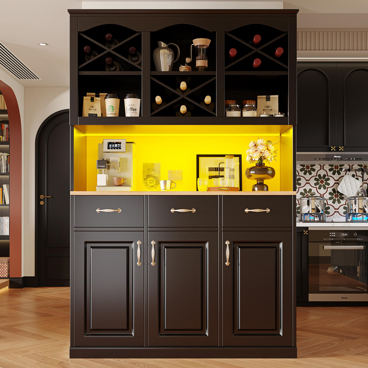DONJI kuhinjski element, 120/40/180 cm, MDF crni, s LED rasvjetom i 3 ladice - crna, drvni materijal (120/180/40cm) - BEAOK