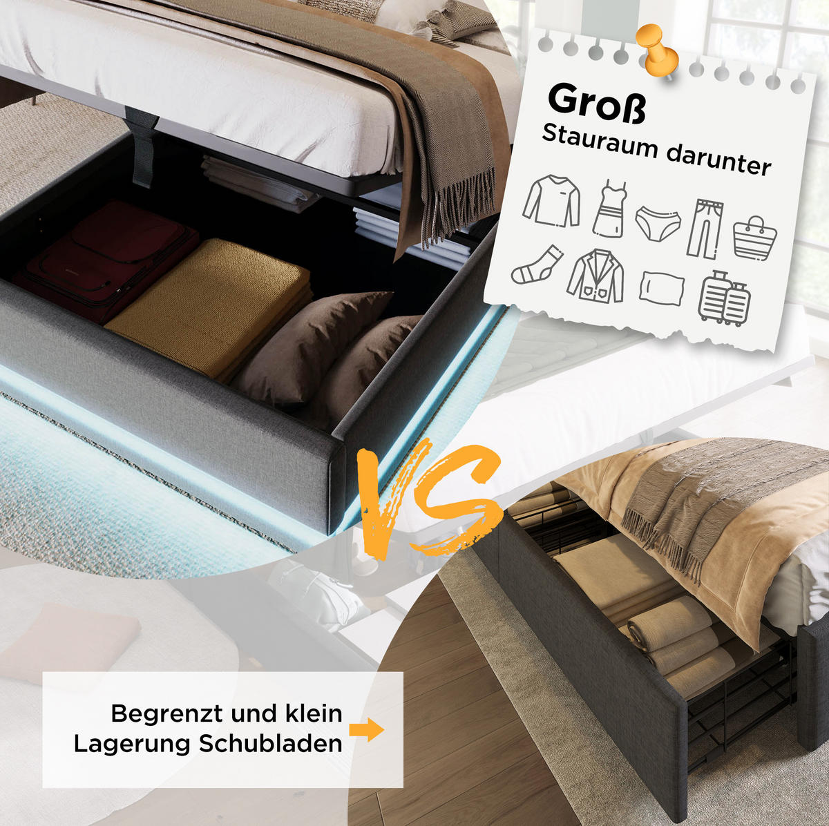 POLSTERBETT 90/200 cm Grau aus Baumwolle mit LED und USB-C - Grau, Textil (90/200cm) - OKMYHOME