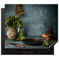 HERABDECKPLATTE - Kräuter - Gewürze - Pfanne - Messer - Grau - Rustikal - 60x50 - Petrol, Kunststoff (60/50/0.2cm) - MuchoWow