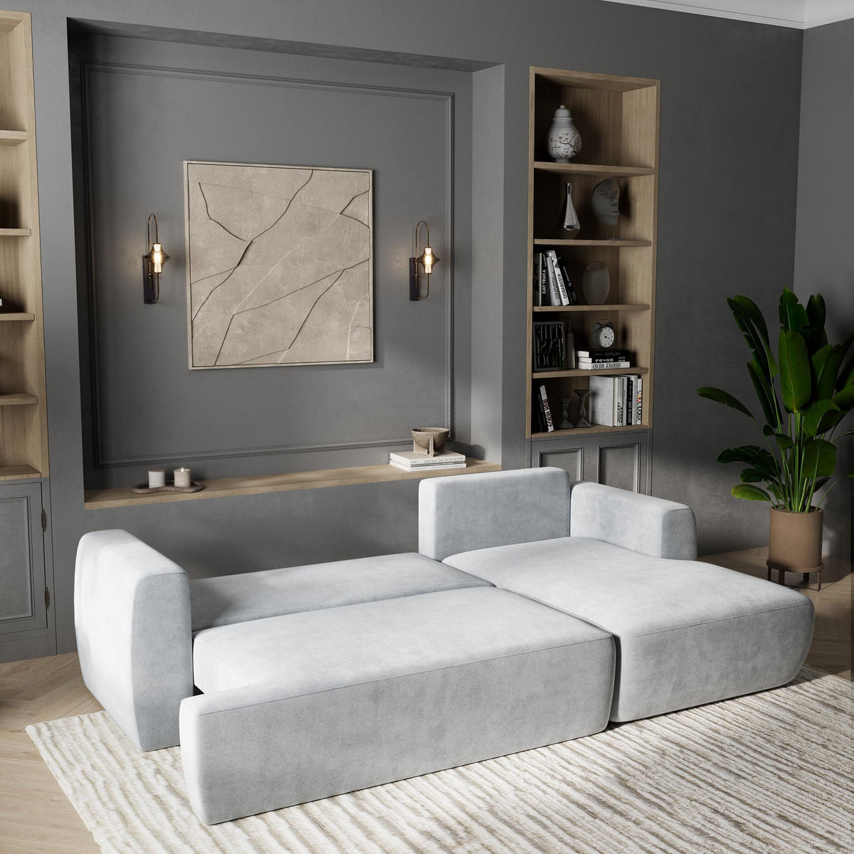 ECKSOFA SENTI K R-S Hellgrau Plüsch-Stoff mit Schlaffunktion - Hellgrau, Holz (246/148cm) - MASSENO