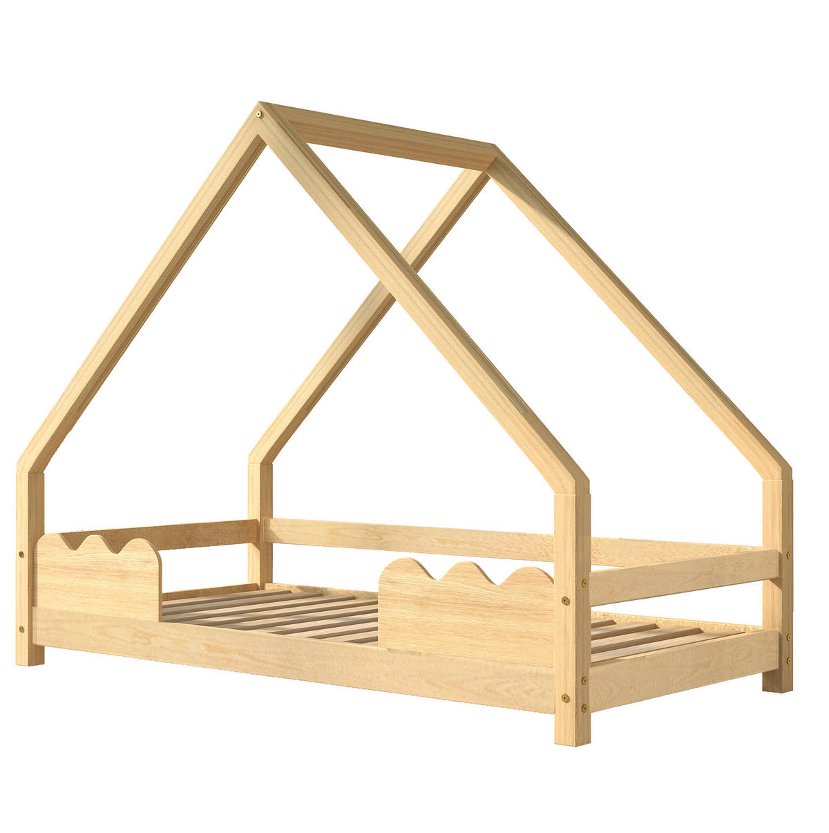 KINDERBETT Hausbett 90/200 cm mit Rausfallschutz und Lattenrost aus massivem Kiefernholz, Natur - Naturfarben, Holz (90/200cm) - Redom