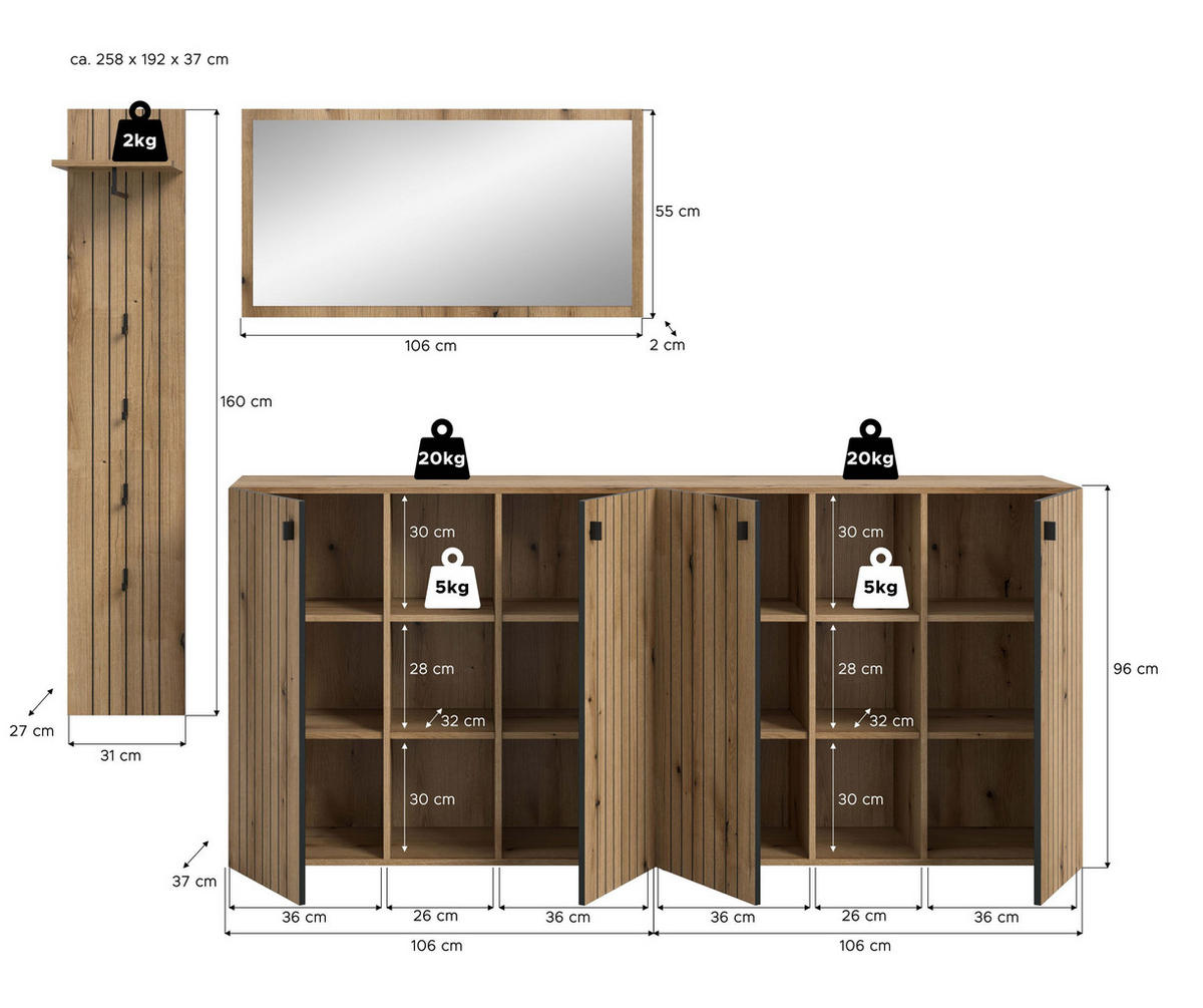 GARDEROBEN-SET STATION 4-tlg. (B/H/T: ca. 258/192/37 cm) in Evoke Oak Nachbildung/Evoke Oak Nachbildung - Eichefarben, Holzwerkstoff (258/192/37cm)