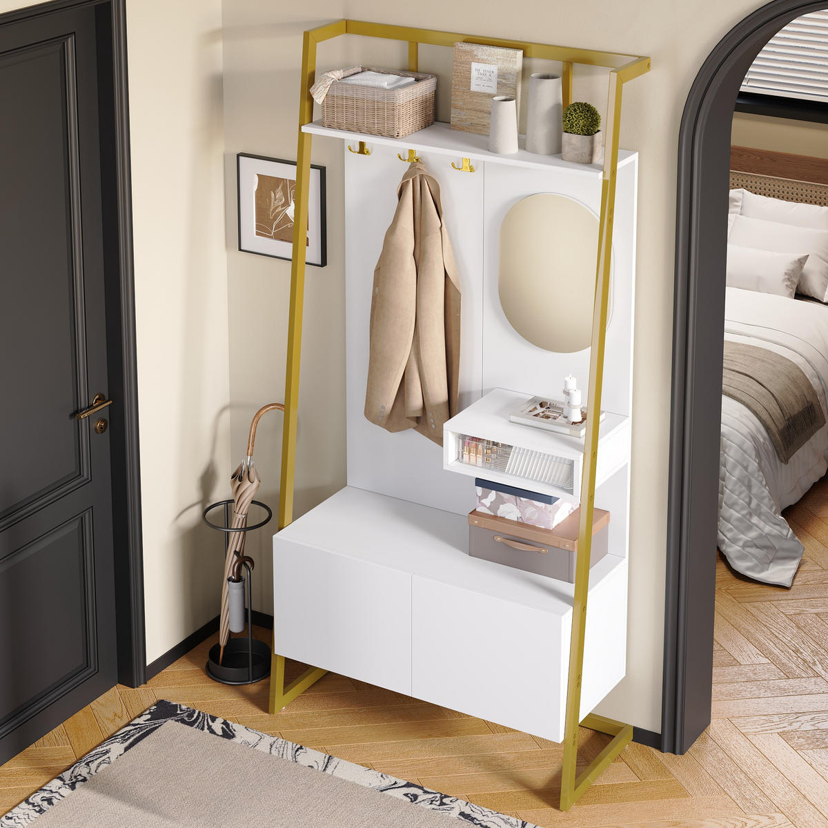 GARDEROBE Kompakt Spiegel Schuhbank Metallhaken - Weiß, Holzwerkstoff (38.5/180.5/78cm) - FLIEKS