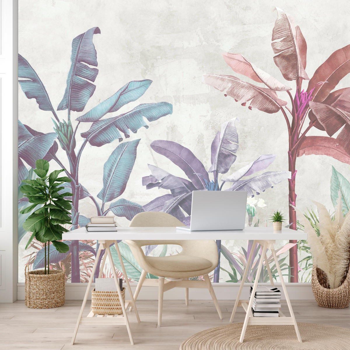 FOTOTAPETE für Schlafzimmer Bunte Bananenblätter Tropen Bäume 500x350 - Beige/Rot, Papier (500/350cm) - Muralo