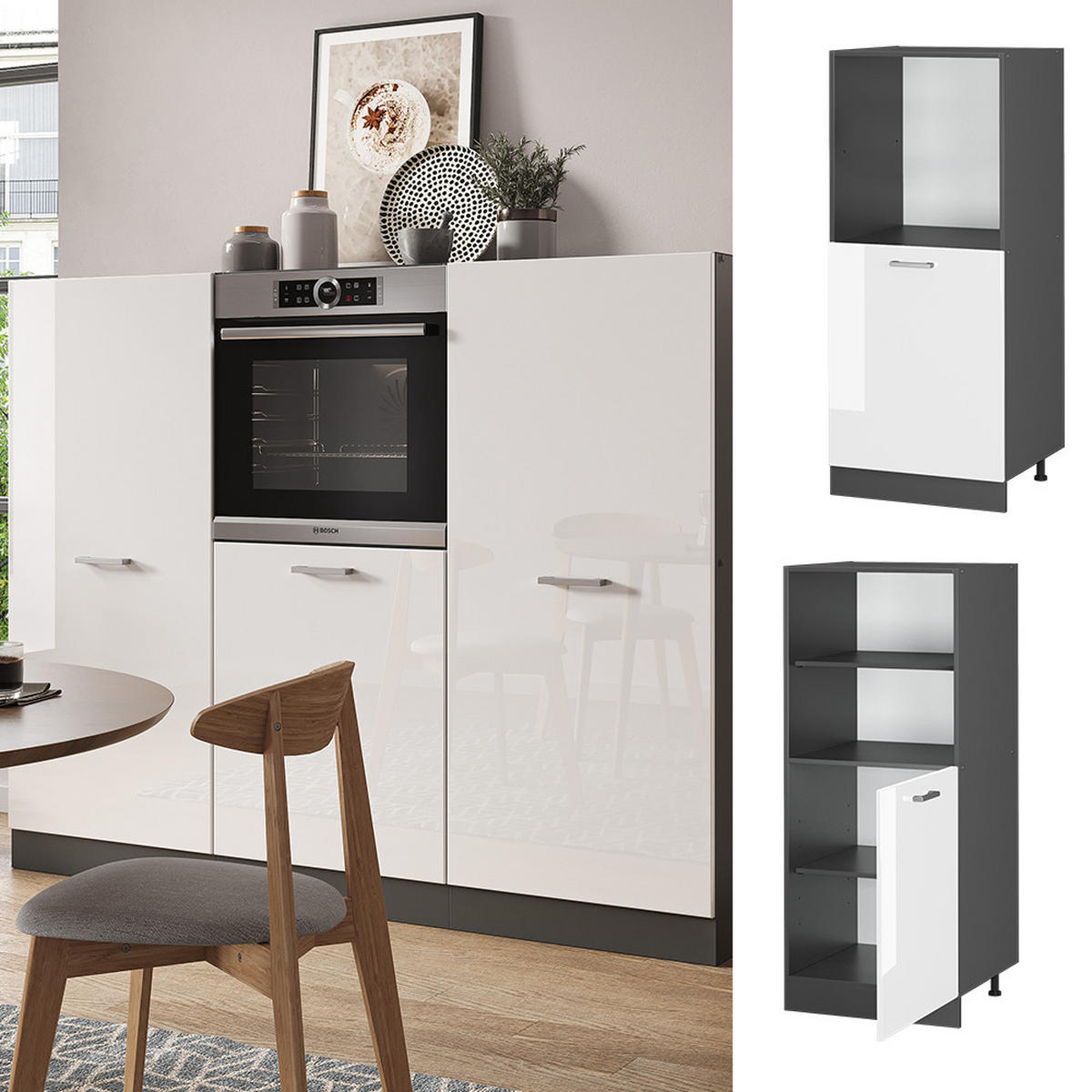 SKŘÍŇKA NA VESTAVĚNOU TROUBU R-Line Bílá vysoký lesk - antracitová/vysoce lesklá bílá, kompozitní dřevo (60/143/57cm) - Vicco