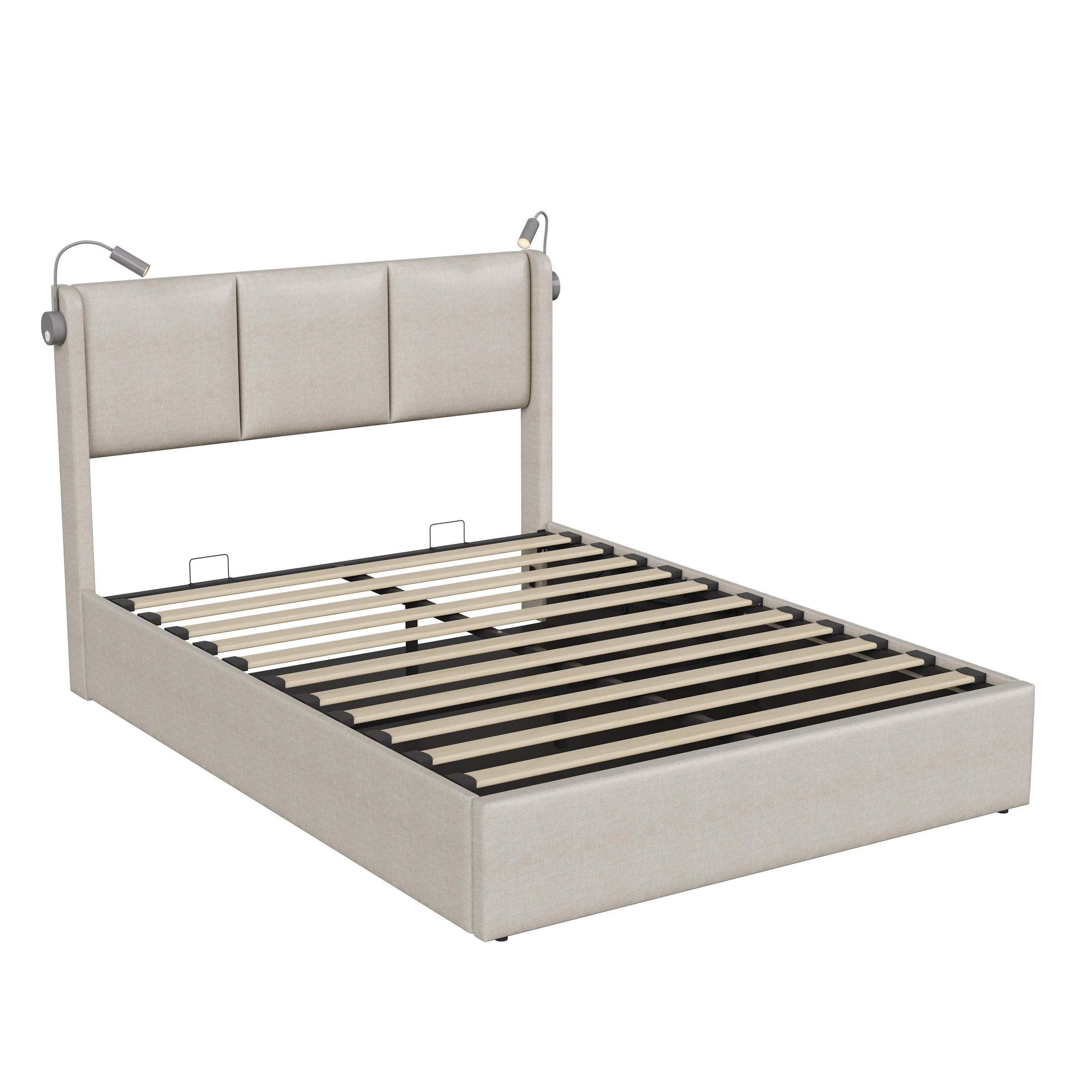 SHOPENTRA ČALOUNĚNÁ postel 160x200 cm Béžová lněná LED plynový výtah Bedbox