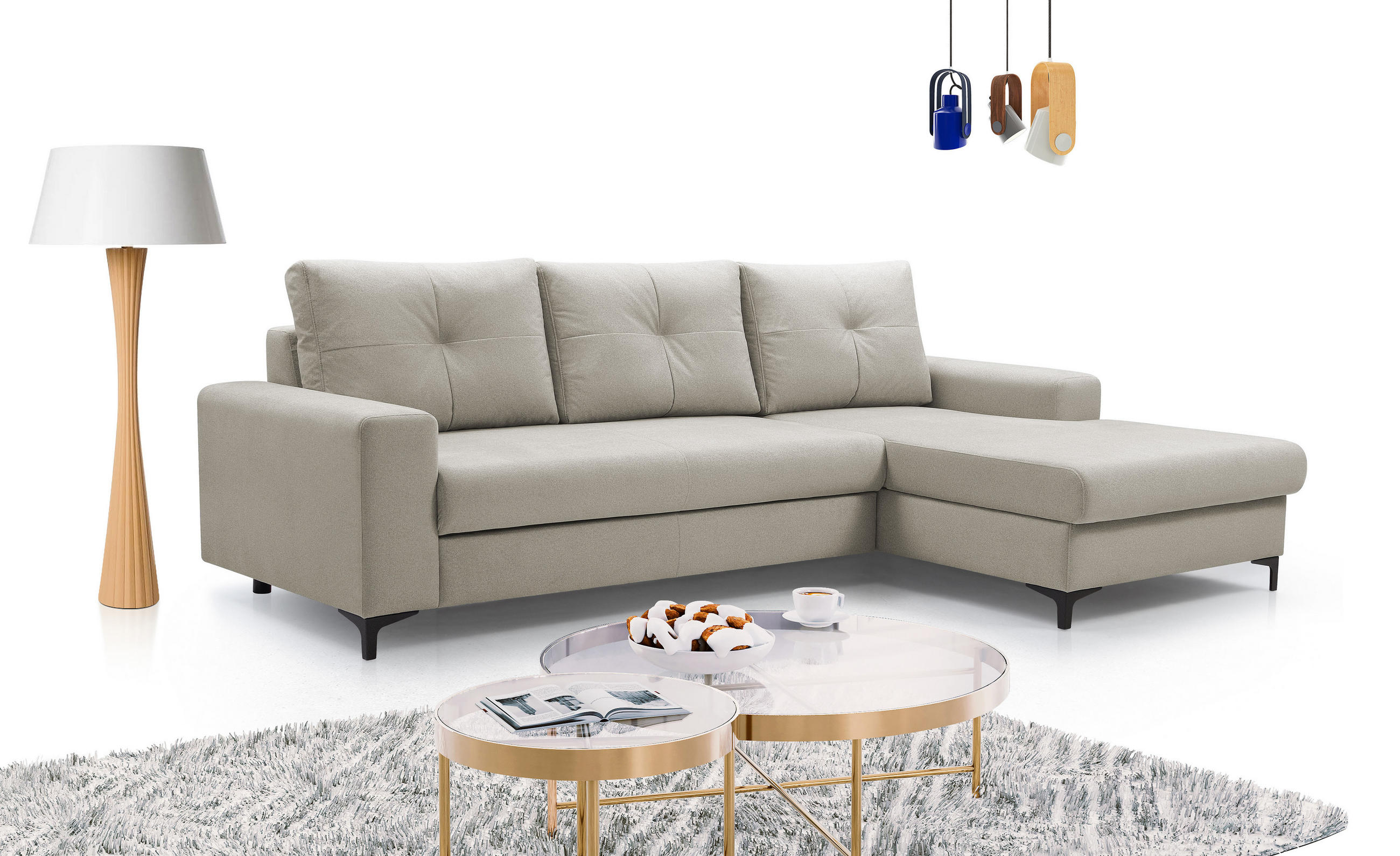ECKSOFA AVRA L-förmig, mit Stauraumbehälter-in RINO-Stoff, Komfort & Eleganz, lose Rückenkissen, freistehend, RECHTS 251x165x85 cm White - Weiß, Holz/Textil (251/165cm) - DomoHome