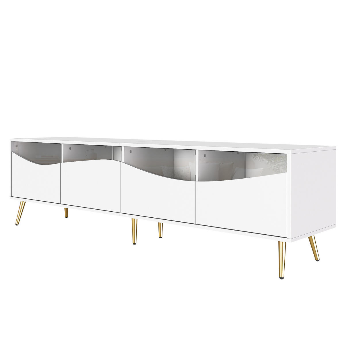 TV-SCHRANK 180/40/50 cm weiß MDF mit LED-Beleuchtung, Glasfront und goldenen Metallfüßen - Weiß, Holzwerkstoff (180/50/40cm) - OKWISH