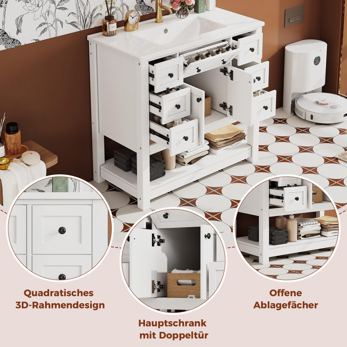 WASCHTISCH 91 cm mit Keramikbecken,Schubladen und Regal Badmöbel - Weiß, Holz/Metall (91/90/46cm) - PARAFTA HOME