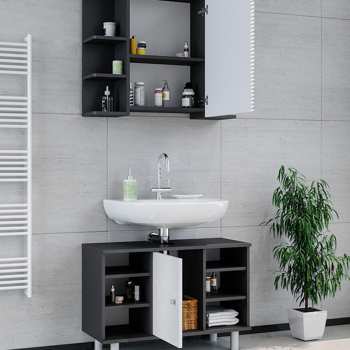 BADMÖBEL-SET Fynn Anthrazit 2 Teile, Unterschrank 80 cm - Anthrazit/Weiß, Holzwerkstoff (60/54/32cm) - Vicco