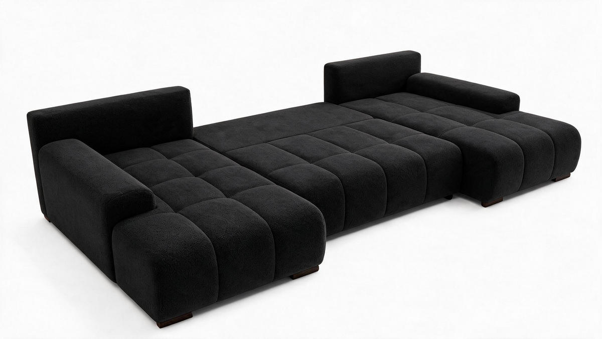WOHNLANDSCHAFT OVIA U mit Bettkasten und Schlaffunktion, Bouclé-Stoff in U-Form - Schwarz, Textil (350/80/185cm)
