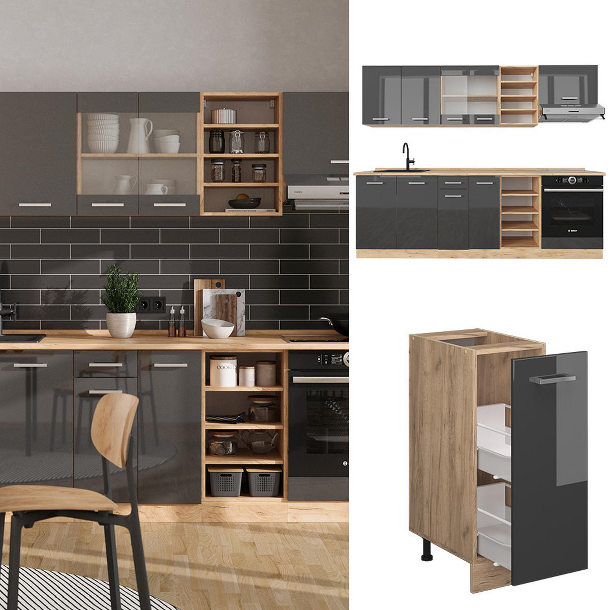 KÜCHENZEILE R-Line Anthrazit Hochglanz/Goldkraft Eiche 240 cm AP Eiche - Anthrazit/Eiche Wotan, Holzwerkstoff (240/81.6/60cm) - Vicco