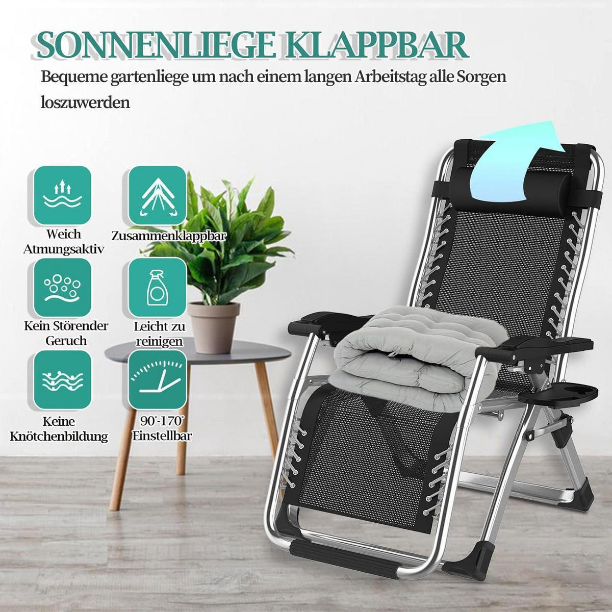 SONNENLIEGE 2er Set Grau 72 cm Breit - Schwarz, Textil (72/77/172.5cm)