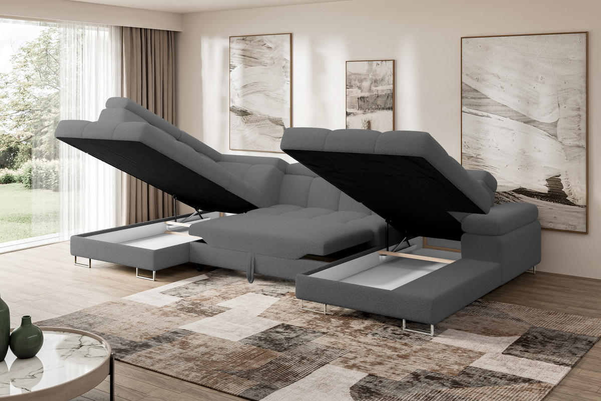 WOHNLANDSCHAFT mit Schlaffunktion und Bettkasten Ottomane Links COMA U 345x203x79 Grau Bouclé - Chromfarben, Holzwerkstoff/Textil (345/79/203cm) - ALTDECOR