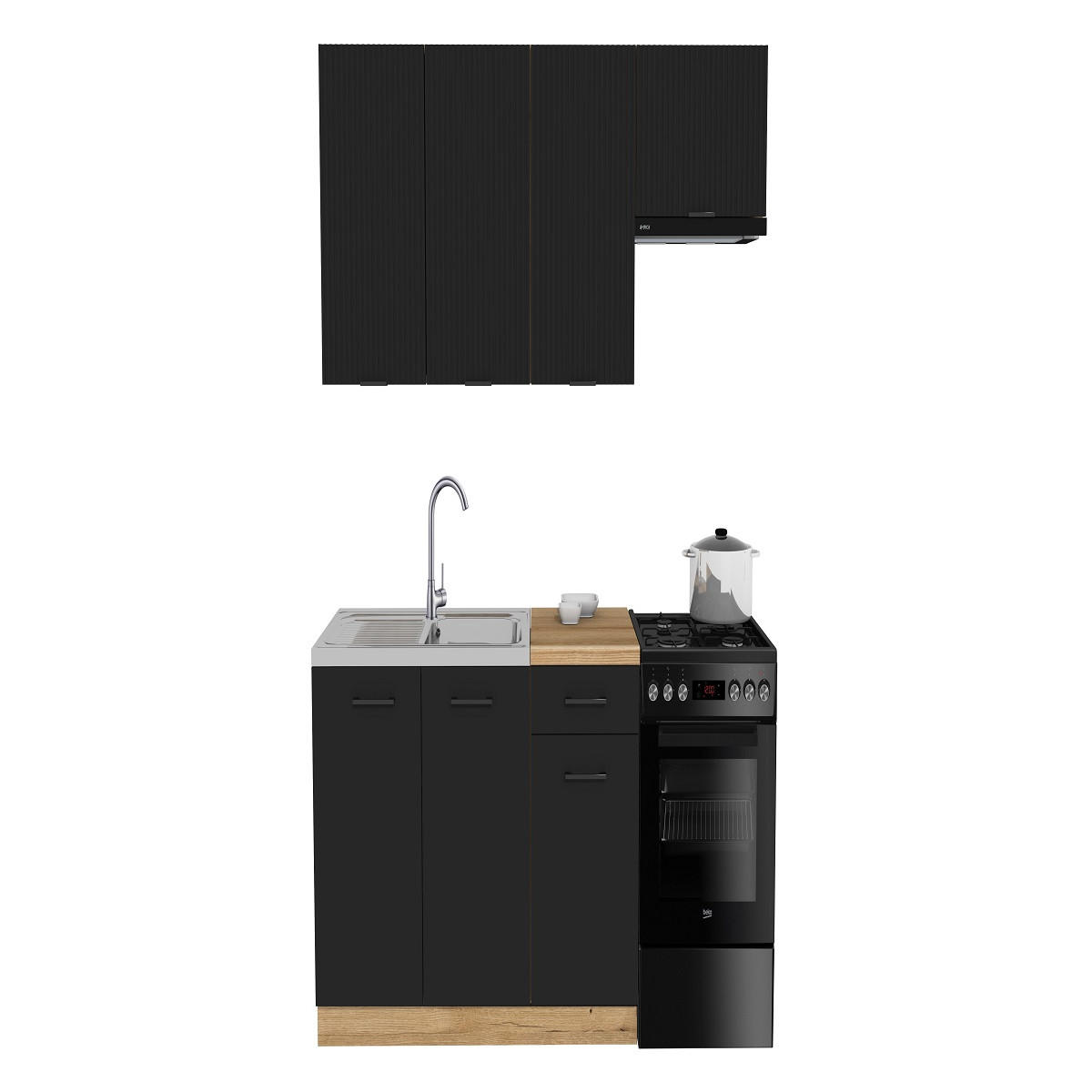 KÜCHENZEILE 170 cm mit Arbeitsplatte - SIMPLY Z8 - in Schwarz Matt / Rille / Eiche - Schwarz, Holz/Holzwerkstoff (170/212/53cm)