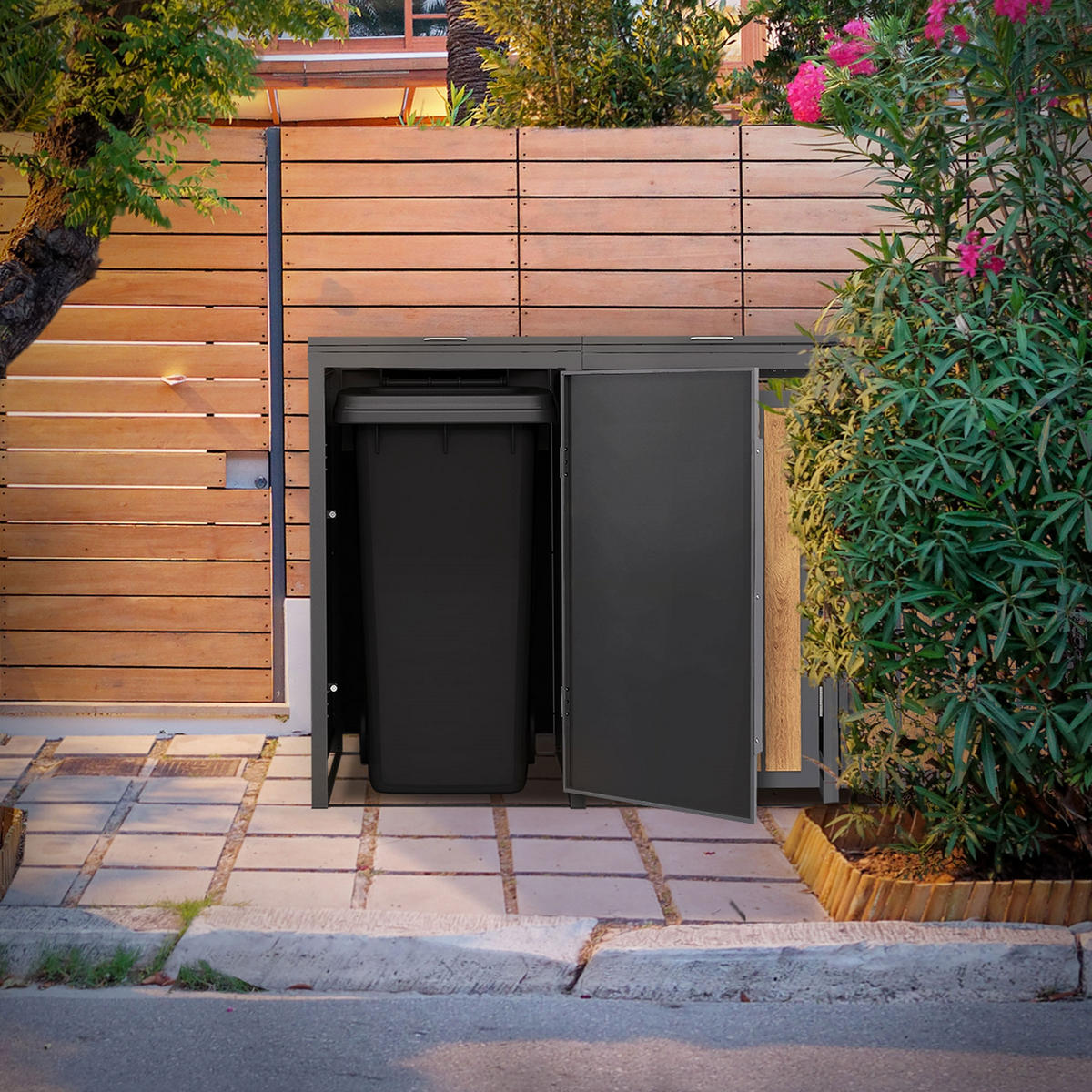 MÜLLTONNENBOX 4er 240L 260x80x120 cm Anthrazit-Eiche hell aus Stahl - Hellbraun, Metall (80/120/260cm) - ML-DESIGN