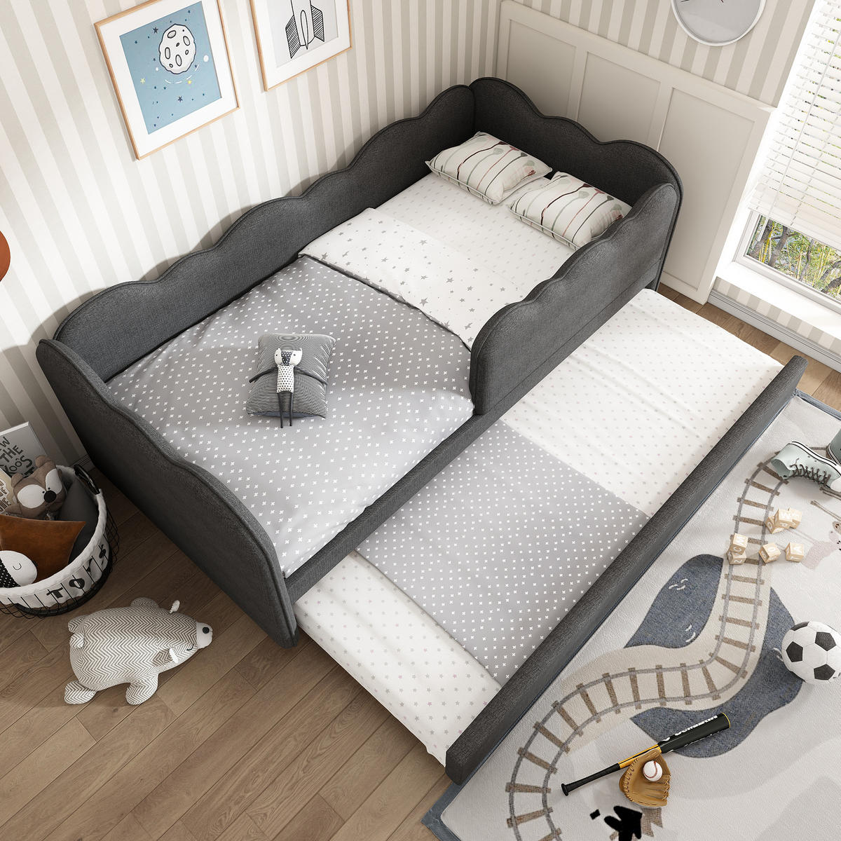 TAGESBETT 90/190 cm Grau mit Ausziehbett aus Leinen - Grau, Textil (90/190cm) - OKWISH