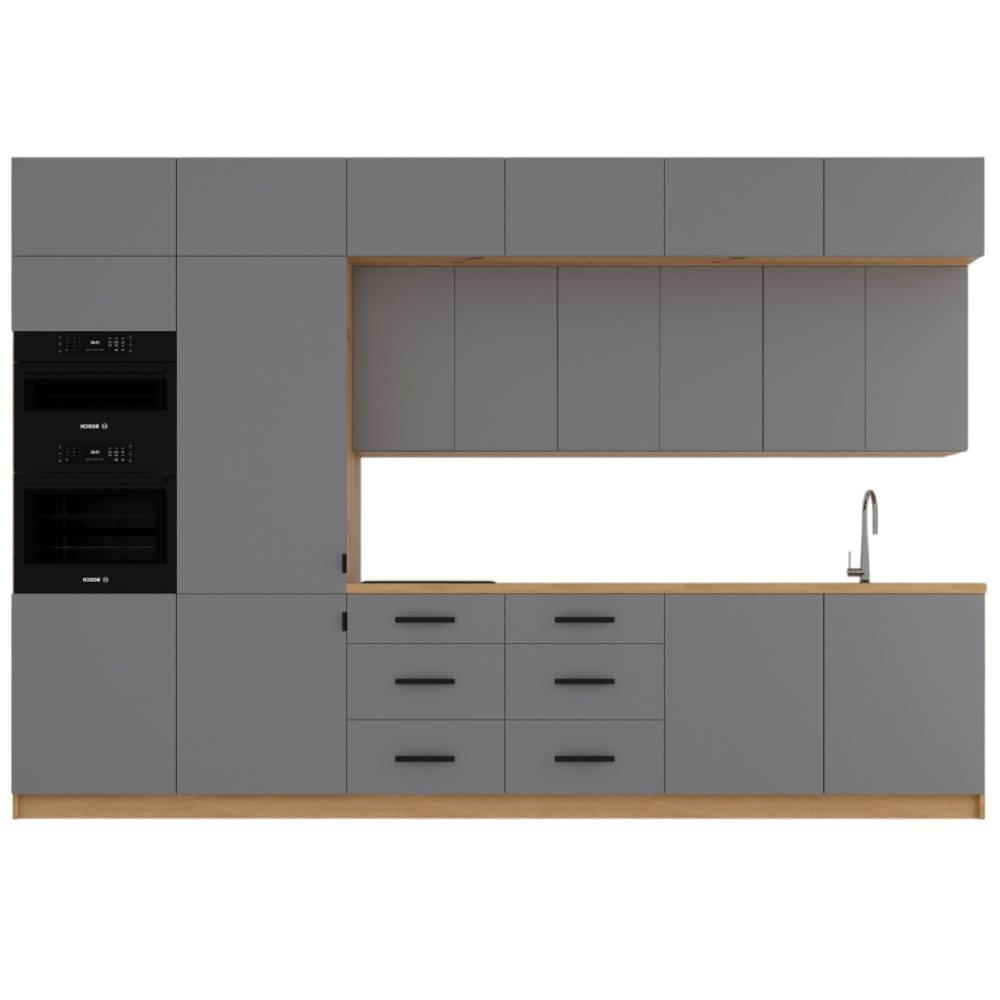 KÜCHENZEILE 360 cm - Langen K72-M360 L in Beige/Matt - Beige/Schwarz, Holz/Metall (360/248/58cm)