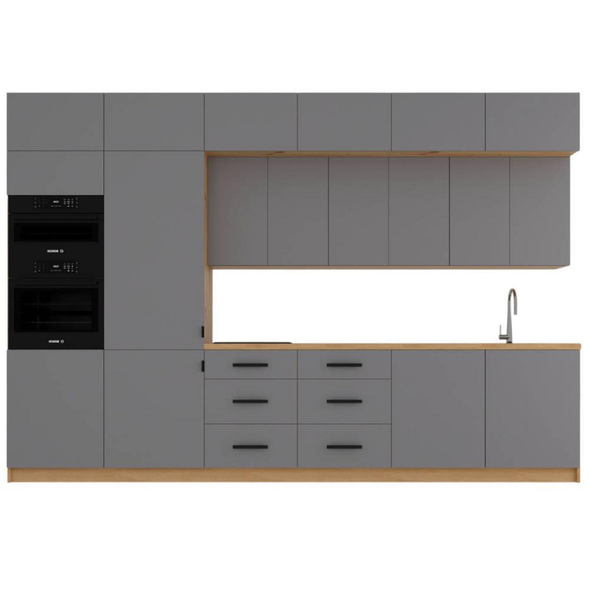 KÜCHENZEILE 360 cm - Langen K72-M360 L in Beige/Matt - Beige/Schwarz, Holz/Metall (360/248/58cm)